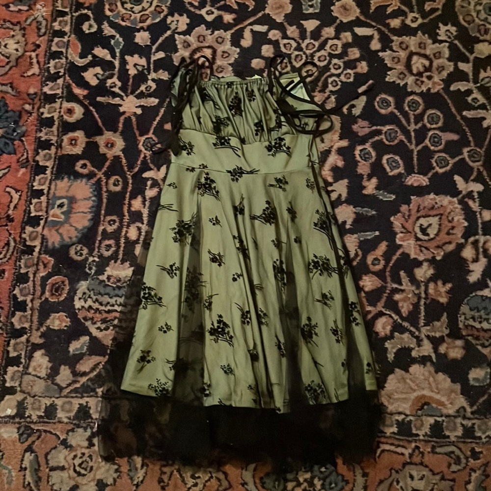 green and black floral dress, tie straps, size small(4)